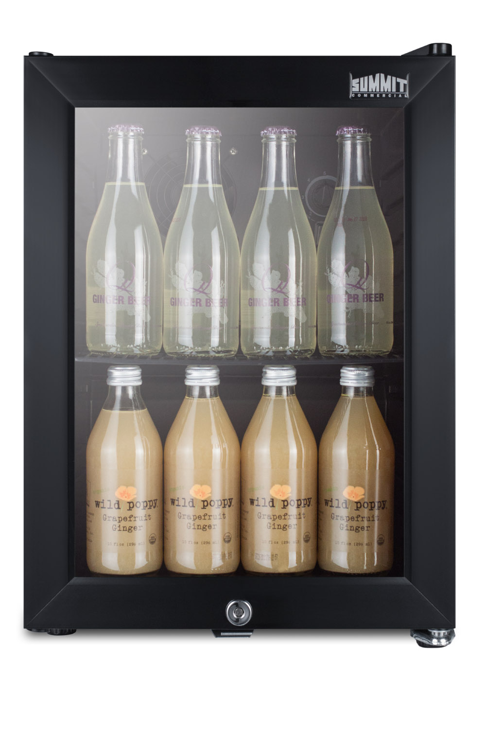 Compact commercial beverage center designed for the display and refrigeration of beverages, with glass door, lock, and black cabinet
